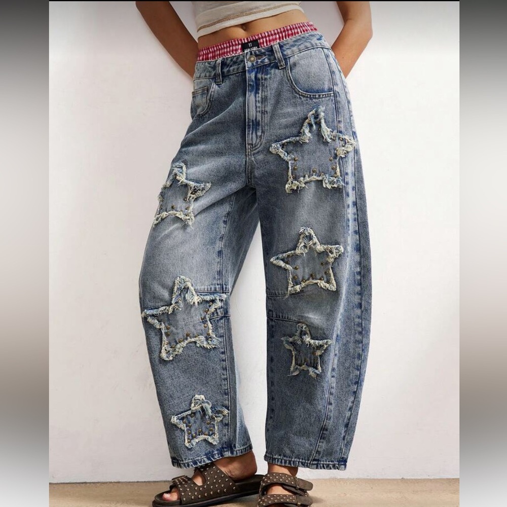 Distressed Star Patch Wide Leg Jeans - Blue